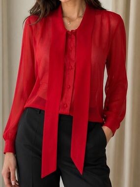 Alice Moon- Red Sheer Tie-Neck Blouse Size Medium